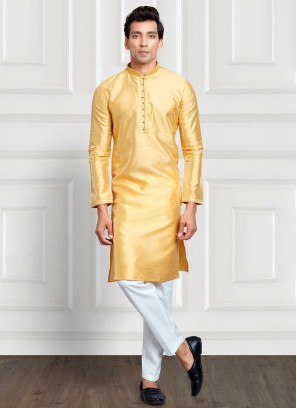 Readymade Golden Yellow Mens Art Silk Kurta Pajama