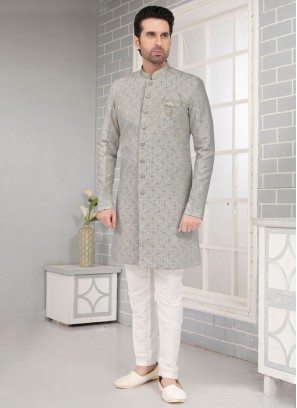 Readymade Grey Art Silk Indowestern Set