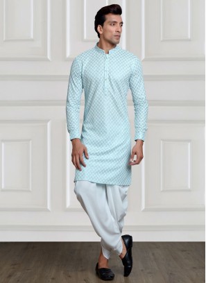 Readymade Light Sky Blue Thread Embroidered Kurta Pajama