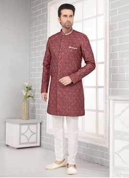 Readymade Maroon Art Silk Indowestern Set