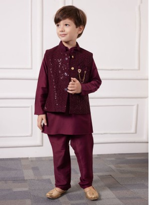 Readymade Maroon Nehru Jacket Set In Cotton Silk