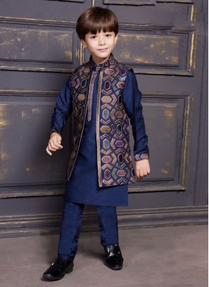 Readymade Navy Blue Indowestern In Art Silk