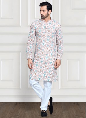 Readymade Off White Printed Kurta Pajama In Cotton Silk