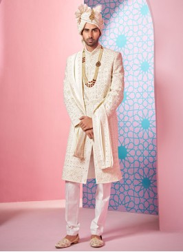 Readymade Off White Silk Sherwani With Embroidered Work