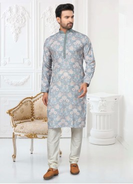 Readymade Sky Blue Floral Printed Kurta Pajama In Cotton