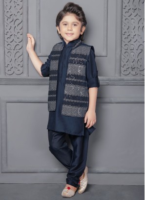 Readymade Thread Embroidered Navy Blue Nehru Jacket Set