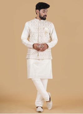 Reception Wear Cream Embroidered Nehru Jacket Set