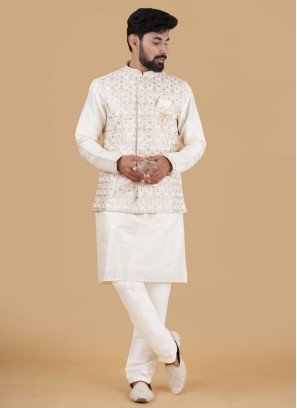 Reception Wear Cream Embroidered Nehru Jacket Set