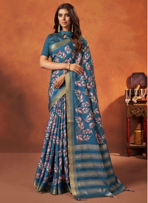 Stunning Blue Designer Printed Crepe Silk Saree