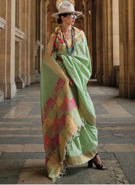 Handloom Silk Light Green Weaving Contemporary Saree