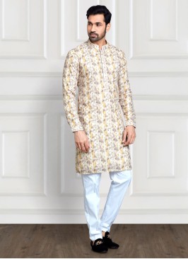 Sequins Embroidered Cotton Silk Mens Kurta Pajama