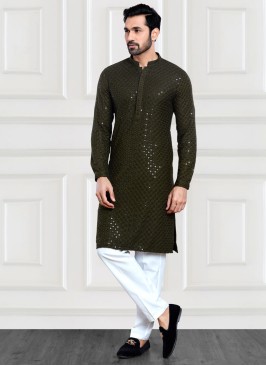 Sequins Embroidered Readymade Cotton Silk Kurta Pajama