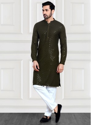 Sequins Embroidered Readymade Cotton Silk Kurta Pajama