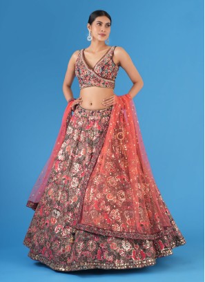 Multicolored Floral Sequins Embroidered Silk Designer Choli Suit