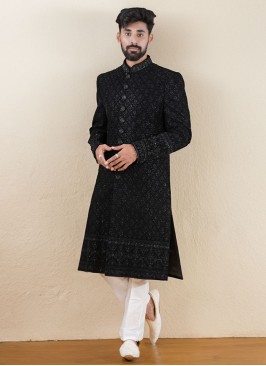 Sequins Embroidery Black Indowestern In Velvet