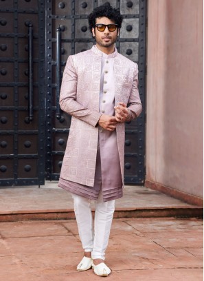 Shaded Onion Pink Jacket Style Indowestern Set With Embroidery