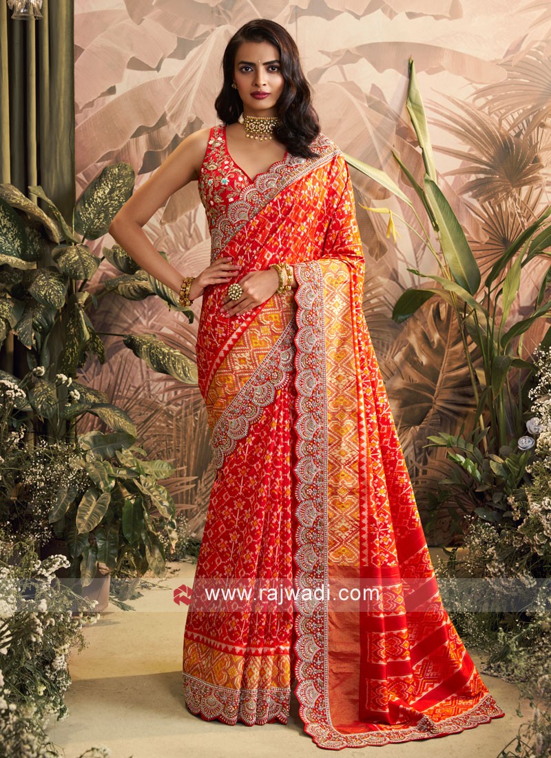 Buy Red Silk Plain Contemporary Sari Online : Mauritius - Saree