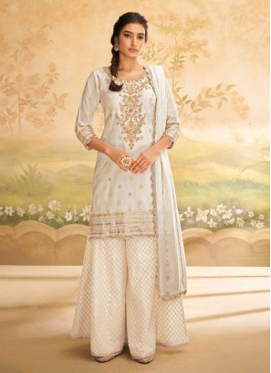 Shagufta Cream Designer Brocade Silk Palazzo Suit