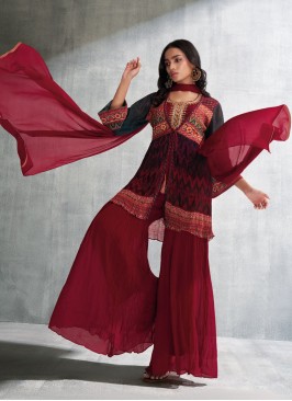 Shagufta Maroon And Black Sharara Suit With Jacket