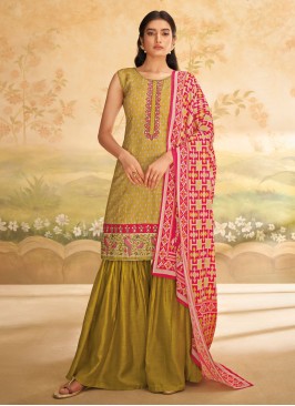 Shagufta Mehndi Green Sharara Top Set In Silk Fabric