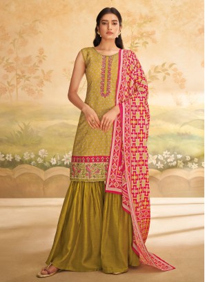 Mustard Yellow Georgette Palazzo Set With Long Jacket