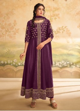 Shagufta Purple Embroidered Silk Trendy Anarkali Suit