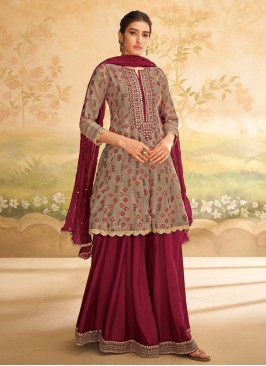 Shagufta Silk Beige And Maroon Embroidered Sharara Suit