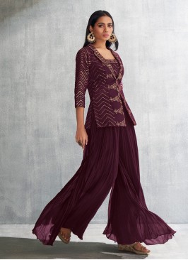 Shagufta Wine Fancy Jacket Style Palazzo Suit