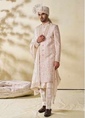 Silk Embroidered Cream Color Designer Sherwani