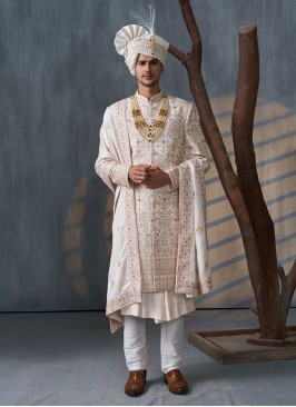 Silk Embroidered Cream Sherwani With Dupatta