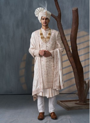 Silk Embroidered Cream Sherwani With Dupatta