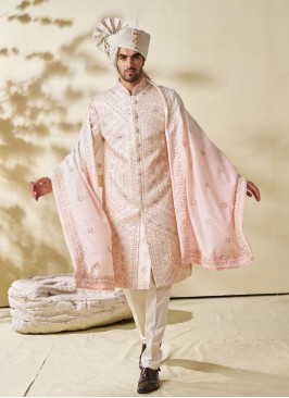 Silk Embroidered Groom Sherwani In Light Pink Color