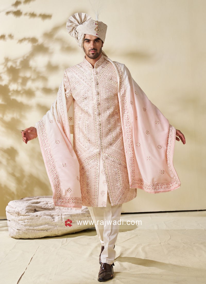 ANARKALI PATTERN BEIGE PEACH COLOR EMBRODIERY WEDDING SHERWANI – creafina