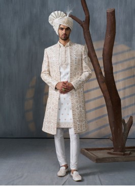 Silk Embroidered White Jacket Style Sherwani