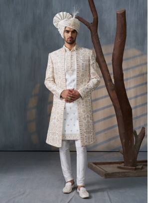 Silk Embroidered White Jacket Style Sherwani