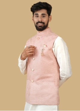 Silk Fabric Pink Nehru Jacket For Wedding