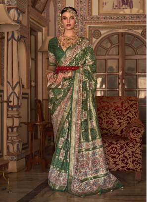 Green Printed Contemporary Silk Saree