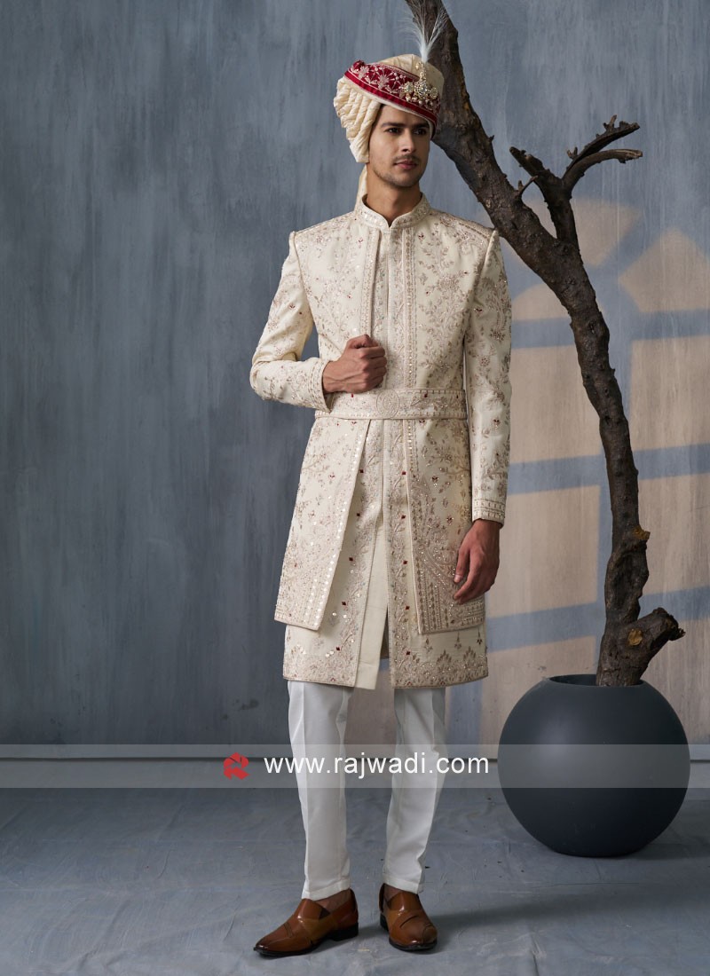 Silk Jacket Style Cream Embroidered Sherwani For Men
