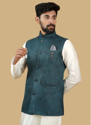 Silk Jacquard Work Nehru Jacket In Rama Green