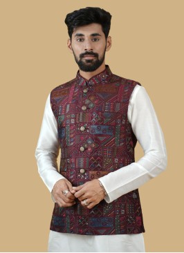 Silk Maroon Mens Wear Nehru Jacket