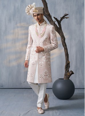 Silk Off White Embroidered Sherwani For Groom