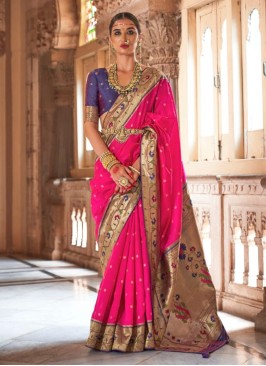Deep Pink Colored Weaving Paithani Silk Ethnic Saree