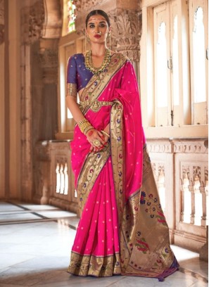 Deep Pink Colored Weaving Paithani Silk Ethnic Saree