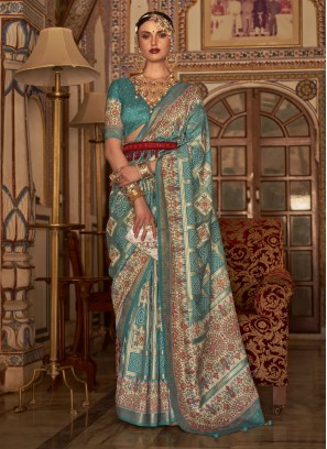 Sea Green Silk Printed Festive Wear Saree