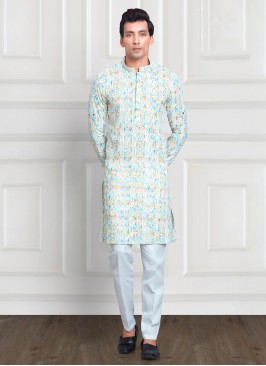 Sky Blue Festive Mens Cotton Silk Kurta Pajama