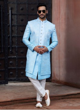 Sky Blue Jacket Style Embroidered Indowestern Set