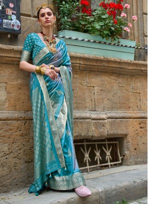 Aqua Blue Festive Woven Silk Saree