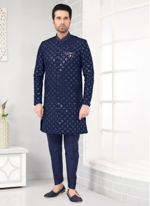 Stunning Navy Blue Art Silk Indowestern Set