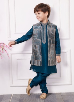 Stylish Peacock Blue Indowestern Set In Art Silk