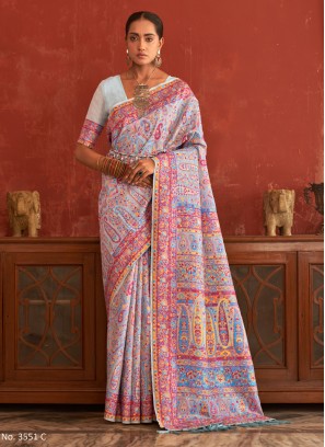 Powder Blue Weaving Embroidered Pashnima Silk Saree